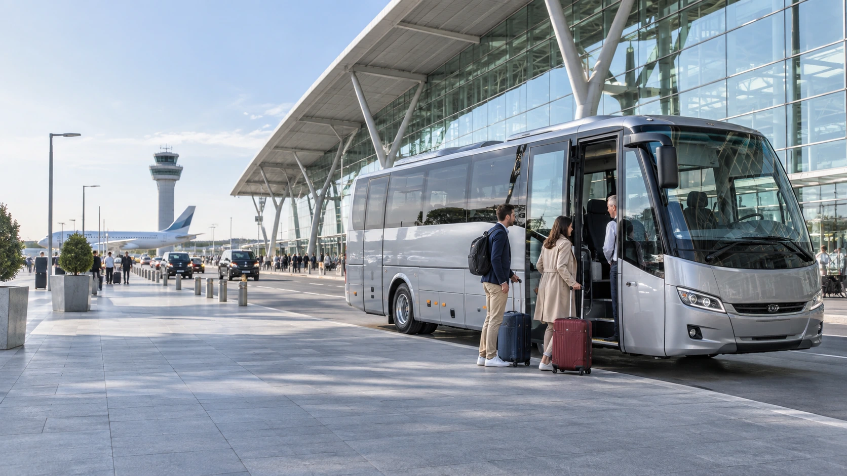 Ilustratīvs sudrabots vidēja izmēra autobuss un ceļotāji pie lidostas termināļa.